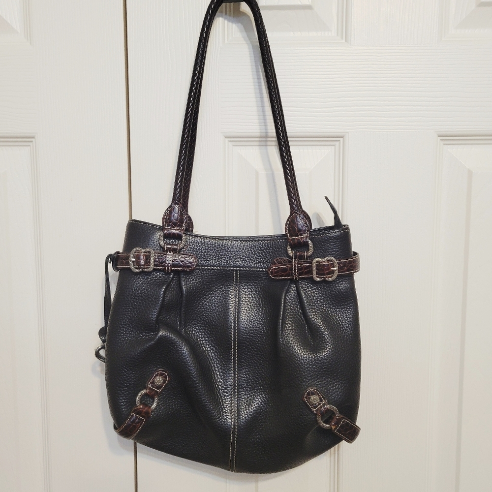 Brighton Black Leather Pebbled Purse with Brown Trim - Brighton D253369 Suzette